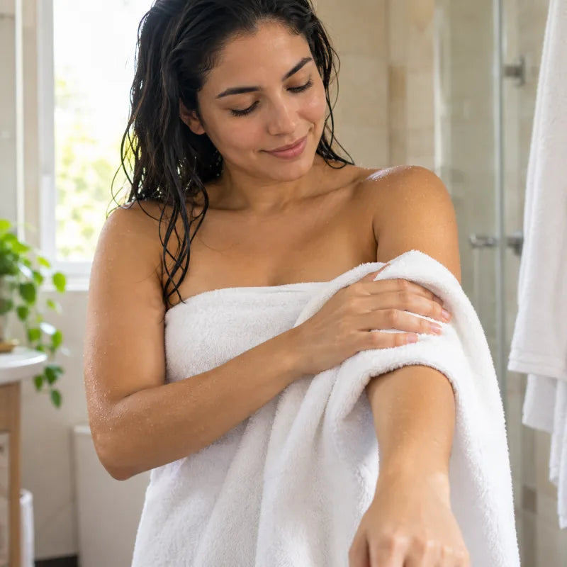 Mujer secándose el brazo con una toalla después de bañarse
