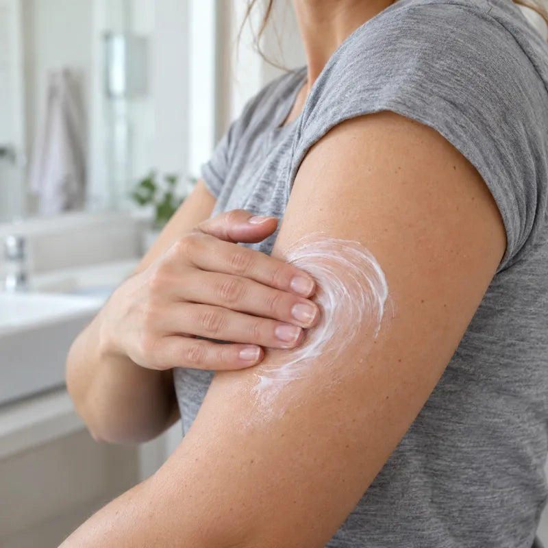Mujer masajeando la crema en la parte de atrás del brazo